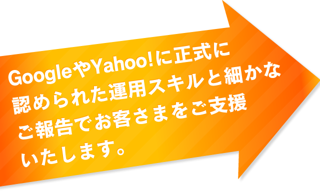 GoogleやYahoo!に正式に認められた運用スキルと細かなご報告でお客さまをご支援いたします。